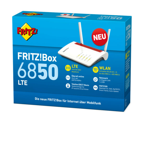 AVM FRITZ!Box 6850 LTE - Wireless Router - DSL/WWAN - 4-Port-Switch - GigE - 802,11a/b/g/n/ac - Dual-Band - VoIP-Telefonadapter (DECT) (20002925)