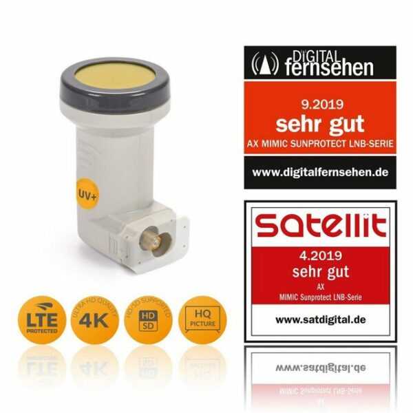 AX Technology "AX Mimic Sun Protect Single LNB" Universal-Single-LNB (Sun Protect (kälte- & hitzebeständig -35°C~70°C) LTE-Filter, 1 Teilnehmer, 0.1dB, 1fach, Full HD, 4K UHD, 3D, Kontakte vergoldet, Wetterschutz ausziehbar)