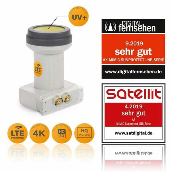 AX Technology "Mimic Sun Protect Twin LNB" Universal-Twin-LNB (kälte- & hitzebeständig -35°C~70°C - LTE-Filter, 2 Teilnehmer, 0.1dB, 2fach, Full HD, 4K UHD, 3D, Kontakte vergoldet, Wetterschutz ausziehbar)