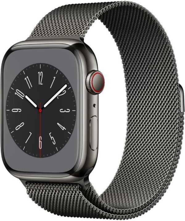 Apple Watch Series 8 (GPS + Cellular) - 41 mm - Graphite Stainless Steel - intelligente Uhr mit Milanaise Armband - Handgelenkgröße: 130-180 mm - 32GB - Wi-Fi, LTE, Bluetooth, UWB - 4G - 42,3 g (MNJM3FD/A)