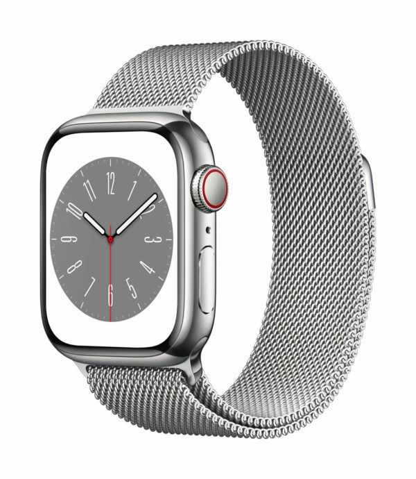 Apple Watch Series 8 (GPS + Cellular) - 41 mm - Silver Edelstahl - intelligente Uhr mit Milanaise Armband - Handgelenkgröße: 130-180 mm - 32GB - Wi-Fi, LTE, Bluetooth, UWB - 4G - 42,3 g (MNJ83FD/A)