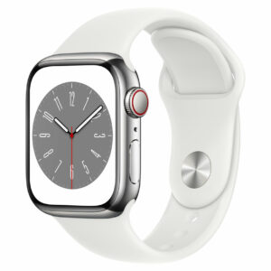 Apple Watch Series 8 (GPS + Cellular) - 41 mm - Silver Edelstahl - intelligente Uhr mit Sportband - Flouroelastomer - weiß - Bandgröße: regelmäßig - 32GB - Wi-Fi, LTE, Bluetooth, UWB - 4G - 42,3 g (MNJ53FD/A)