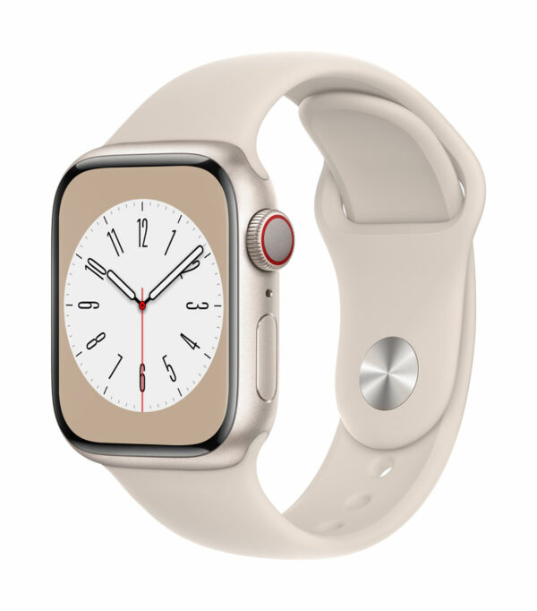 Apple Watch Series 8 (GPS + Cellular) - 41 mm - Starlight Aluminium - intelligente Uhr mit Sportband - Flouroelastomer - Starlight - Bandgröße: regelmäßig - 32GB - Wi-Fi, LTE, Bluetooth, UWB - 4G - 32 g (MNHY3FD/A)