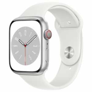 Apple Watch Series 8 (GPS + Cellular) - 45 mm - Aluminium, Silber - intelligente Uhr mit Sportband - Flouroelastomer - weiß - Bandgröße: regelmäßig - 32GB - Wi-Fi, LTE, Bluetooth, UWB - 4G - 38,8 g (MP4J3FD/A)