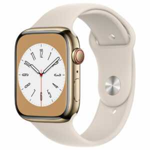 Apple Watch Series 8 (GPS + Cellular) - 45 mm - Gold, Edelstahl - intelligente Uhr mit Sportband - Flouroelastomer - Starlight - Bandgröße: regelmäßig - 32GB - Wi-Fi, LTE, Bluetooth, UWB - 4G - 51,5 g (MNKM3FD/A)