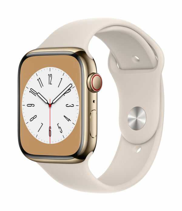 Apple Watch Series 8 (GPS + Cellular) - 45 mm - Gold, Edelstahl - intelligente Uhr mit Sportband - Flouroelastomer - Starlight - Bandgröße: regelmäßig - 32GB - Wi-Fi, LTE, Bluetooth, UWB - 4G - 51,5 g (MNKM3FD/A)