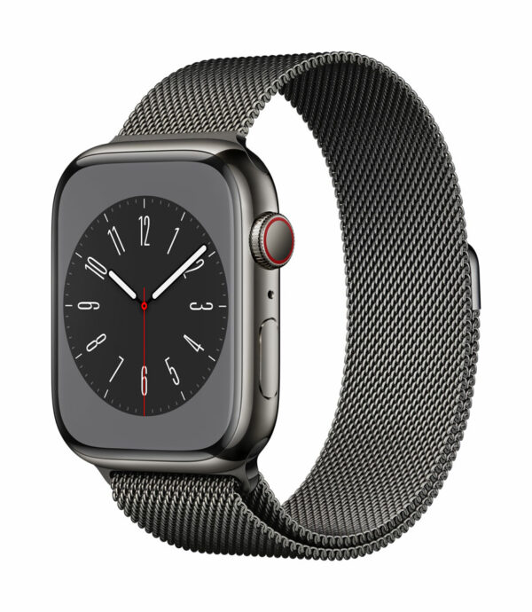 Apple Watch Series 8 (GPS + Cellular) - 45 mm - Graphite Stainless Steel - intelligente Uhr mit Milanaise Armband - Handgelenkgröße: 150-200 mm - 32GB - Wi-Fi, LTE, Bluetooth, UWB - 4G - 51,5 g (MNKX3FD/A)