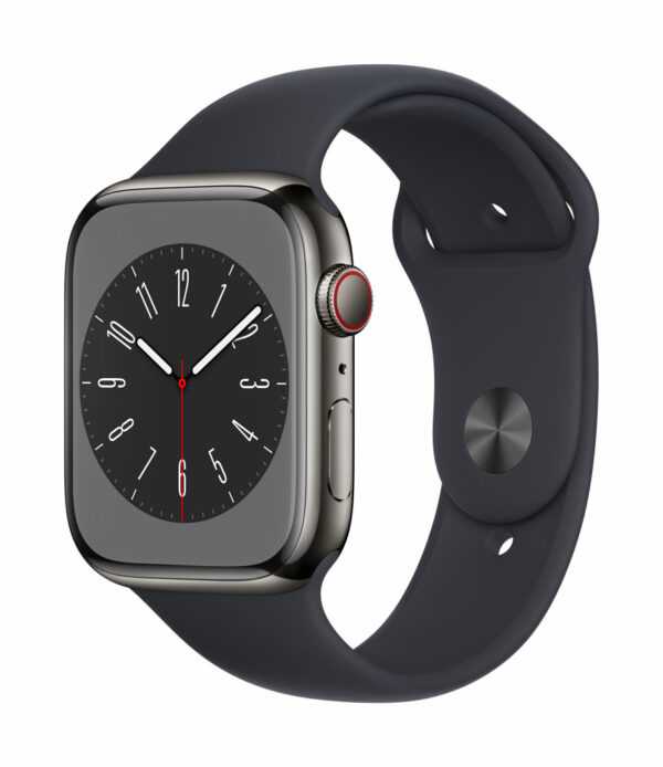 Apple Watch Series 8 (GPS + Cellular) - 45 mm - Graphite Stainless Steel - intelligente Uhr mit Sportband - Bandgröße: regelmäßig - 32GB - Wi-Fi, LTE, Bluetooth, UWB - 4G - 51,5 g (MNKU3FD/A)