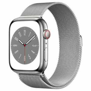 Apple Watch Series 8 (GPS + Cellular) - 45 mm - Silver Edelstahl - intelligente Uhr mit Milanaise Armband - Handgelenkgröße: 150-200 mm - 32GB - Wi-Fi, LTE, Bluetooth, UWB - 4G - 51,5 g (MNKJ3FD/A)