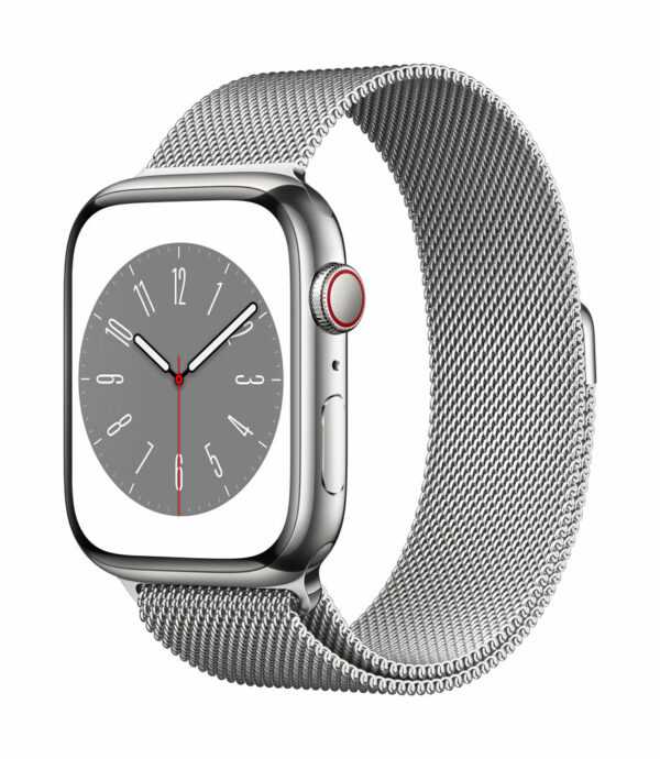 Apple Watch Series 8 (GPS + Cellular) - 45 mm - Silver Edelstahl - intelligente Uhr mit Milanaise Armband - Handgelenkgröße: 150-200 mm - 32GB - Wi-Fi, LTE, Bluetooth, UWB - 4G - 51,5 g (MNKJ3FD/A)