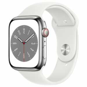 Apple Watch Series 8 (GPS + Cellular) - 45 mm - Silver Edelstahl - intelligente Uhr mit Sportband - Flouroelastomer - weiß - Bandgröße: regelmäßig - 32GB - Wi-Fi, LTE, Bluetooth, UWB - 4G - 51,5 g (MNKE3FD/A)