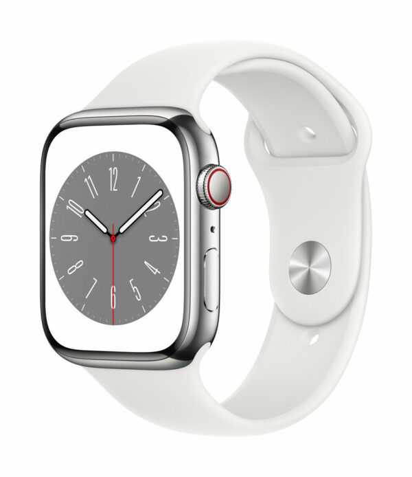 Apple Watch Series 8 (GPS + Cellular) - 45 mm - Silver Edelstahl - intelligente Uhr mit Sportband - Flouroelastomer - weiß - Bandgröße: regelmäßig - 32GB - Wi-Fi, LTE, Bluetooth, UWB - 4G - 51,5 g (MNKE3FD/A)