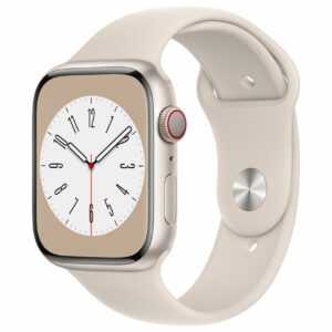 Apple Watch Series 8 (GPS + Cellular) - 45 mm - Starlight Aluminium - intelligente Uhr mit Sportband - Flouroelastomer - Starlight - Bandgröße: regelmäßig - 32GB - Wi-Fi, LTE, Bluetooth, UWB - 4G - 38,8 g (MNK73FD/A)