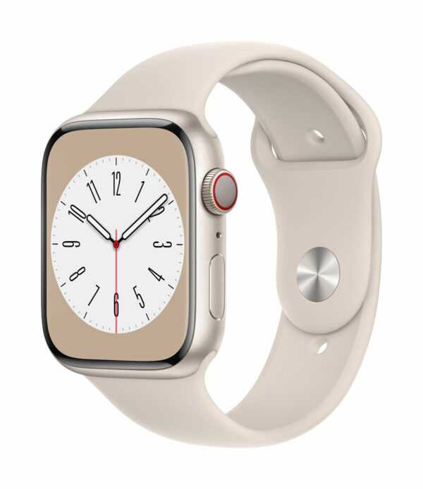 Apple Watch Series 8 (GPS + Cellular) - 45 mm - Starlight Aluminium - intelligente Uhr mit Sportband - Flouroelastomer - Starlight - Bandgröße: regelmäßig - 32GB - Wi-Fi, LTE, Bluetooth, UWB - 4G - 38,8 g (MNK73FD/A)