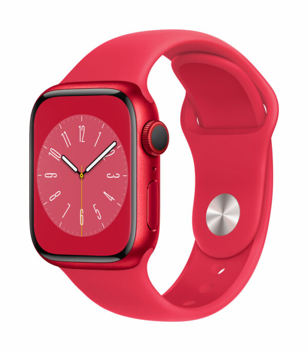 Apple Watch Series 8 (GPS + Cellular) - (PRODUCT) RED - 41 mm - Red Aluminium - intelligente Uhr mit Sportband - Flouroelastomer - rot - Bandgröße: regelmäßig - 32GB - Wi-Fi, LTE, Bluetooth, UWB - 4G - 32 g (MNJ23FD/A)