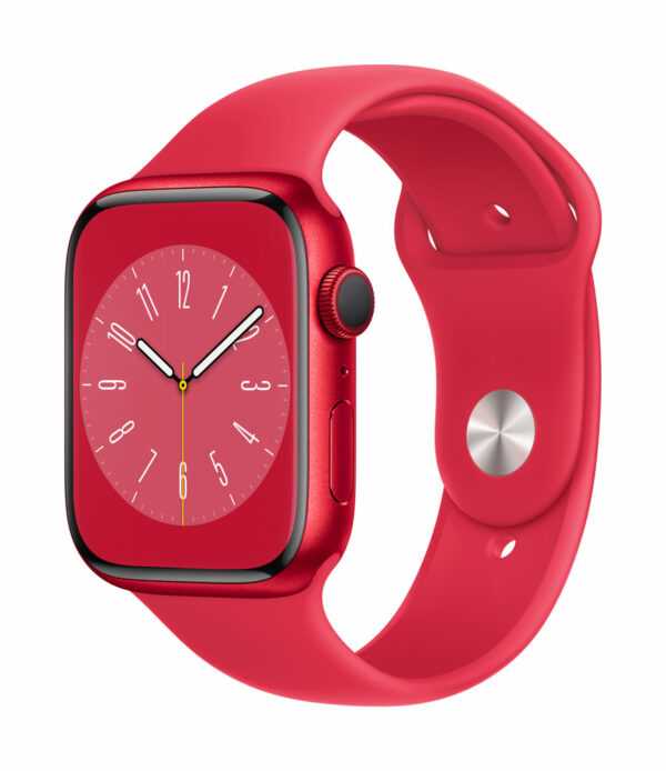 Apple Watch Series 8 (GPS + Cellular) - (PRODUCT) RED - 45 mm - Red Aluminium - intelligente Uhr mit Sportband - Flouroelastomer - rot - Bandgröße: regelmäßig - 32GB - Wi-Fi, LTE, Bluetooth, UWB - 4G - 38,8 g (MNKA3FD/A)