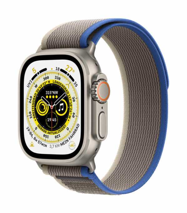 Apple Watch Ultra - 49 mm - Titan - intelligente Uhr mit Trail Loop - soft double-layer nylon - blue/gray - Bandgröße: S/M - 32 GB - Wi-Fi, LTE, UWB, Bluetooth - 4G - 61.3 g