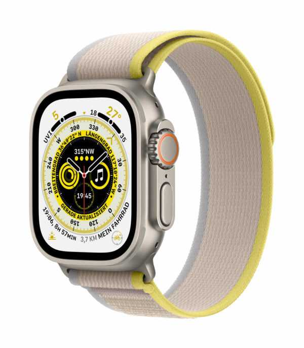 Apple Watch Ultra - 49 mm - Titan - intelligente Uhr mit Trail Loop - soft double-layer nylon - yellow/beige - Bandgröße: M/L - 32 GB - Wi-Fi, LTE, UWB, Bluetooth - 4G - 61.3 g