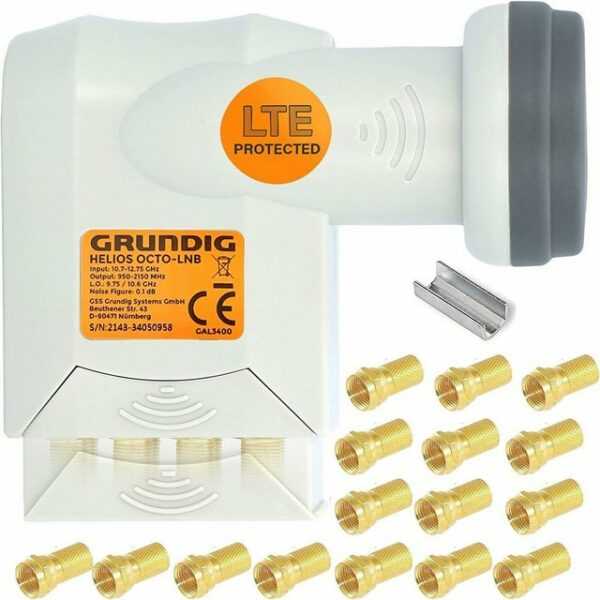 GSS GRUNDIG SYSTEMS "Helios Octo LNB" Universal-Octo-LNB (8 Teilnehmer 8fach - UV Wetterschutz Full HD 3D 4K Octo LNB - 5G LTE Filter, UHD TV + Aufdrehhilfe & 16X F-Stecker vergoldet)