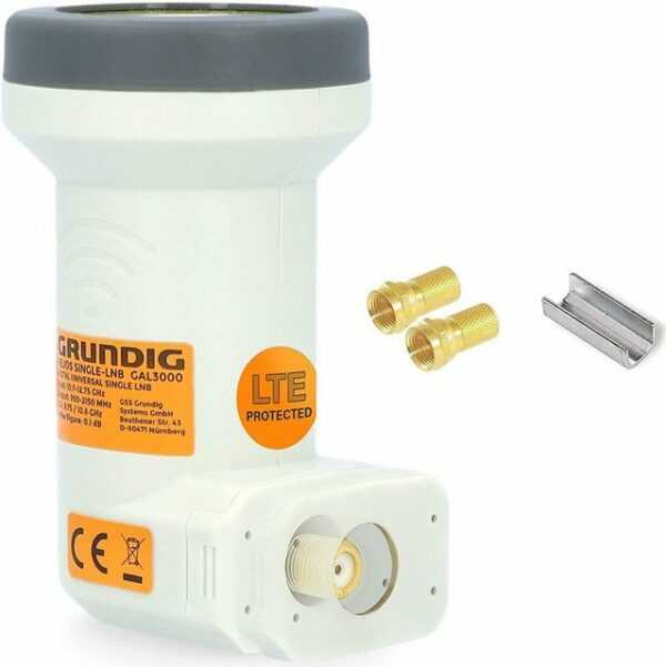 GSS GRUNDIG SYSTEMS "Helios Single LNB" Universal-Single-LNB (1 Teilnehmer 1fach LNB für Digital Satellitenschüssel - UV Wetterschutz Full HD 4K LNB - 5G LTE Filter, UHD TV Aufdrehhilfe & 2x F-Stecker vergoldet)