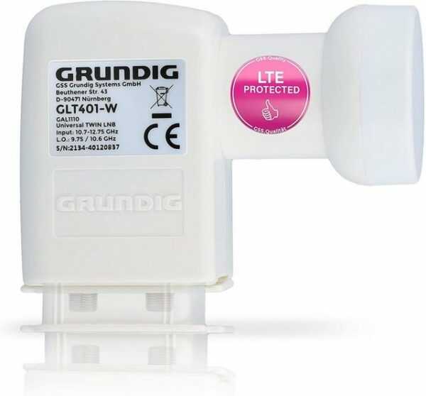 GSS GRUNDIG SYSTEMS "Twin LNB GLT 401 + Aufdrehhilfe - Weiss" Universal-Twin-LNB (2 Teilnehmer,mit LTE Filter - Full HD, 4K, HDTV, 0.1dB,Wetterschutz, kälte- & hitzebeständig)