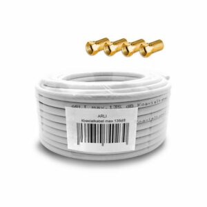 ARLI 15m ARLI Koaxialkabel max. 135dB + 4x F-Stecker vergoldet mit breiter Mutter und Dichtring TV-Kabel, (1500 cm), 15 m TV Sat Koax Antennen Kabel 5-fach geschirmt Verlegekabel Set