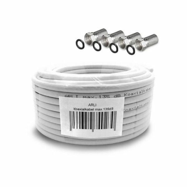 ARLI 50m ARLI Koaxialkabel max. 135dB + 4x F-Stecker mit breiter Mutter und Dichtring TV-Kabel, (5000 cm), 50 m TV Sat Koax Antennen Kabel 5-fach geschirmt Verlegekabel Set