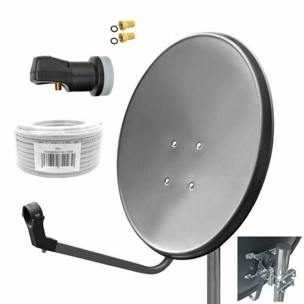 ARLI 60 cm HD SAT Anlage grau + Single LNB + 15 m Koaxialkabel + 2 x F-Stecker vergoldet set 10490 SAT-Antenne (60 cm, Stahl)