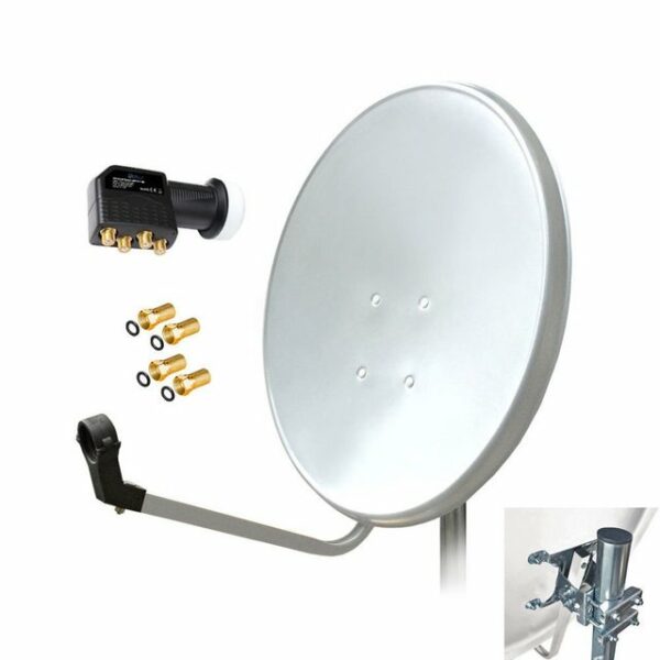 ARLI 60 cm HD SAT Anlage weiss + Quad LNB + 4x F-Stecker vergoldet Set 10041 SAT-Antenne (60 cm, Stahl)