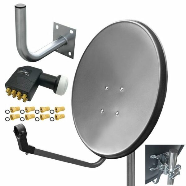 ARLI 60 cm HD Sat Anlage grau + Octo LNB + Wandhalter 25cm + 8x F-Stecker vergoldet Set 10712 SAT-Antenne (60 cm, Stahl)