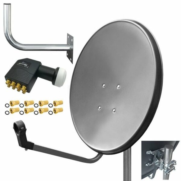 ARLI 60 cm HD Sat Anlage grau + Octo LNB + Wandhalter 45cm + 8x F-Stecker vergoldet Set 12500 SAT-Antenne (60 cm, Stahl)