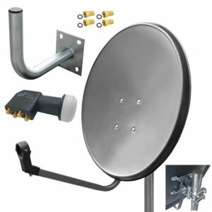 ARLI 60 cm HD Sat Anlage grau + Quad LNB + Wandhalter 25cm + 4x F-Stecker vergoldet Set 11777 SAT-Antenne (60 cm, Stahl)