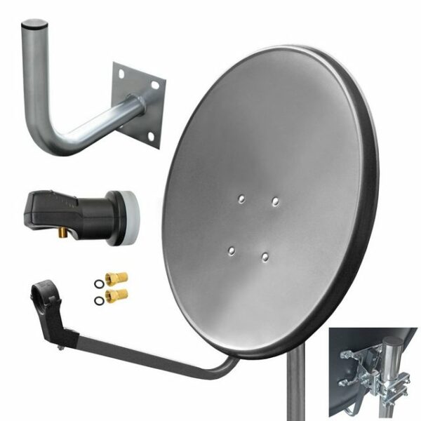 ARLI 60 cm HD Sat Anlage grau + Single LNB + Wandhalter 25cm + 2x F-Stecker vergoldet Set 11768 SAT-Antenne (60 cm, Stahl)