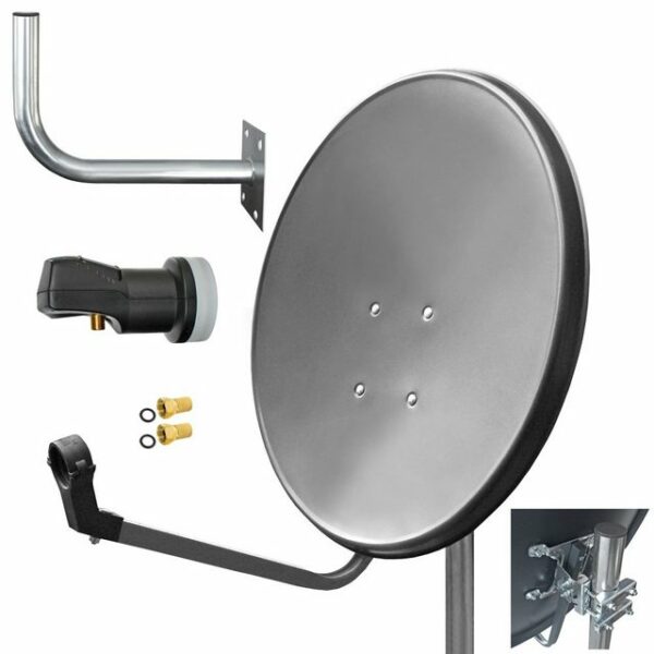 ARLI 60 cm HD Sat Anlage grau + Single LNB + Wandhalter 45cm + 2x F-Stecker vergoldet Set 11769 SAT-Antenne (60 cm, Stahl)