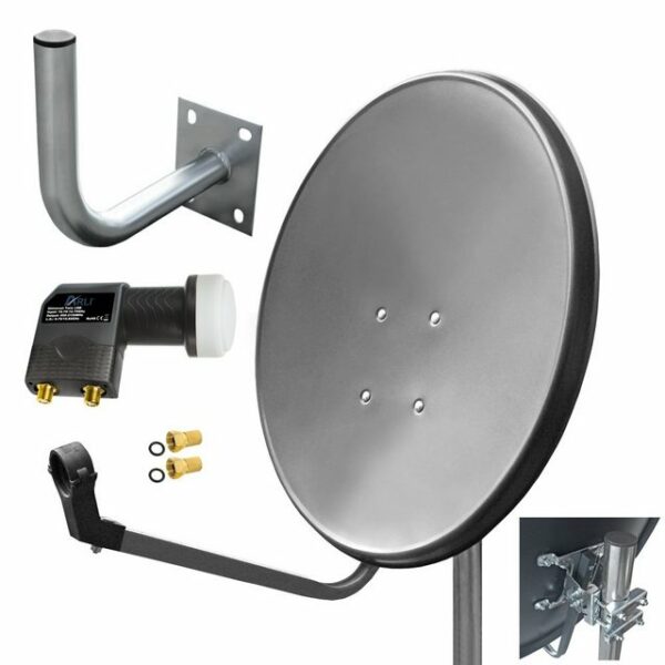 ARLI 60 cm HD Sat Anlage grau + Twin LNB + Wandhalter 25cm + 2x F-Stecker vergoldet Set 11773 SAT-Antenne (60 cm, Stahl)