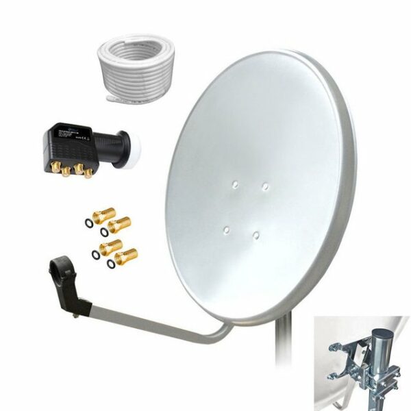 ARLI 60 cm HD Sat Anlage weiss + Quad LNB + 10m Koaxialkabel + 4x F-Stecker vergoldet Set 10720 SAT-Antenne (60 cm, Stahl)