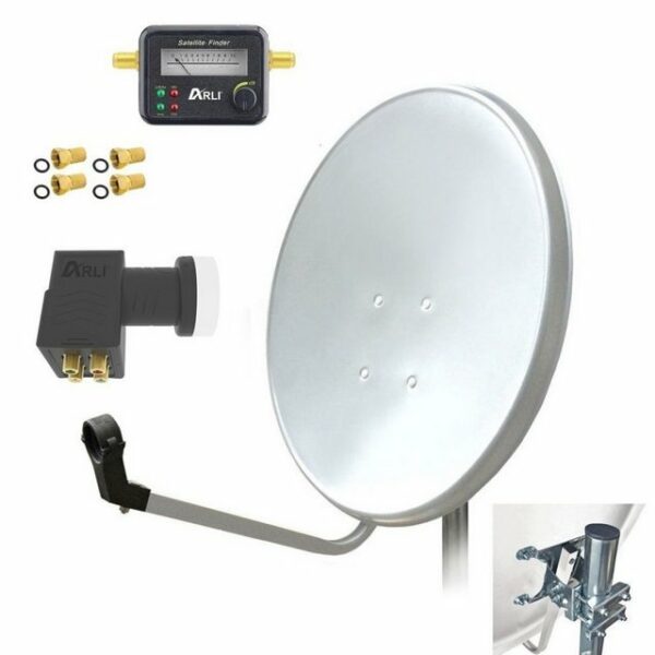 ARLI 60 cm HD Sat Anlage weiss + Quad LNB + Satfinder + SAT-Antenne (60 cm, Stahl, 4x F-Stecker vergoldet Set 10724)