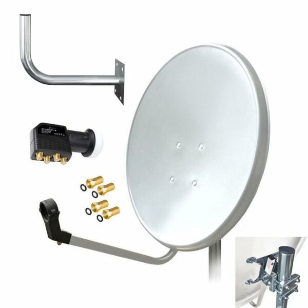 ARLI 60 cm HD Sat Anlage weiss + Quad LNB + Wandhalter 45 cm + 4 F-Stecker vergoldet Set 11776 SAT-Antenne (60 cm, Stahl)