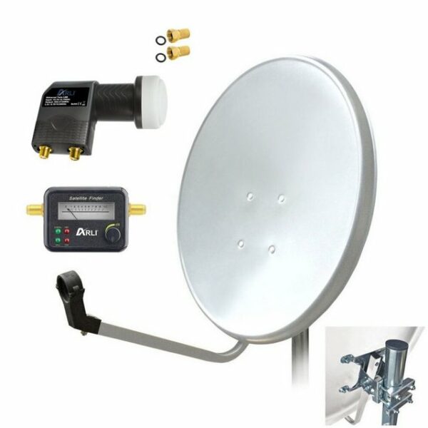 ARLI 60 cm HD Sat Anlage weiss + Twin LNB + Satfinder SAT-Antenne (60 cm, Stahl, + 2x F-Stecker vergoldet Set 10026)