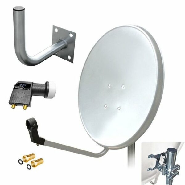 ARLI 60 cm HD Sat Anlage weiss + Twin LNB + Wandhalter 25 cm + 2x F-Stecker vergoldet Set 11771 SAT-Antenne (60 cm, Stahl)