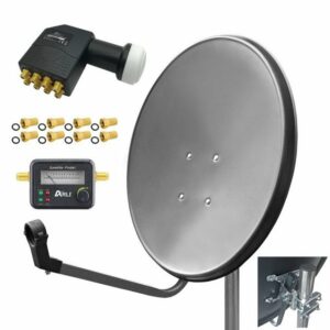 ARLI 60cm HD SAT Anlage grau + Octo LNB + Satfinder SAT-Antenne (60 cm, Stahl, + 8x F-Stecker vergoldet Set 10578)