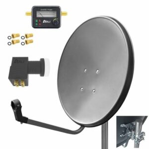 ARLI 60cm HD SAT Anlage grau + Quad LNB + Satfinder SAT-Antenne (60 cm, Stahl, + 4x F-Stecker vergoldet Set 10722)