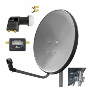 ARLI 60cm HD SAT Anlage grau + Twin LNB + Satfinder SAT-Antenne (60 cm, Stahl, + 2x F-Stecker vergoldet Set 10365)