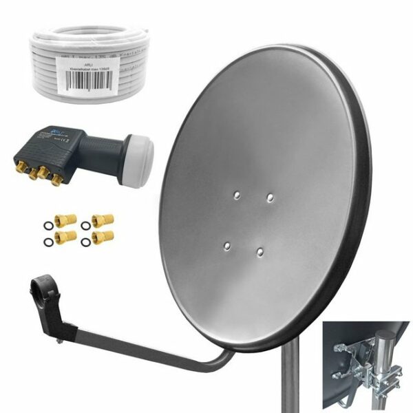 ARLI 60cm HD Sat Anlage grau + Quad LNB + 10m Koaxialkabel + 4x F-Stecker Set 11174 SAT-Antenne (60 cm, Stahl)