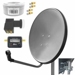 ARLI 60cm HD Sat Anlage grau + Quad LNB + 10m Koaxialkabel + Satfinder SAT-Antenne (60 cm, Stahl, + 4x F-Stecker vergoldet Set 11144)