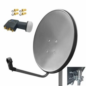 ARLI 60cm HD Sat Anlage grau + Quad LNB + 4x F-Stecker vergoldet Set 10622 SAT-Antenne (60 cm, Stahl)