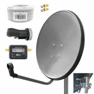 ARLI 60cm HD Sat Anlage grau + Single LNB + 15m Koaxialkabel + Satfinder SAT-Antenne (60 cm, Stahl, + 2x F-Stecker vergoldet Set 10491)