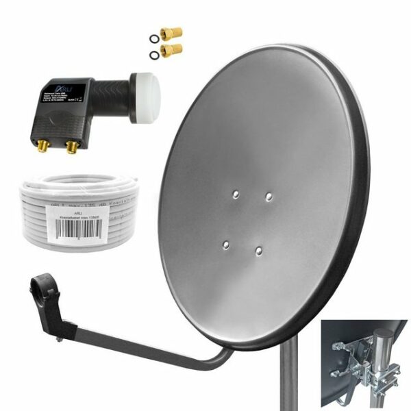 ARLI 60cm HD Sat Anlage grau + Twin LNB + 10m Koaxialkabel + 2x F-Stecker Set 10997 SAT-Antenne (60 cm, Stahl)