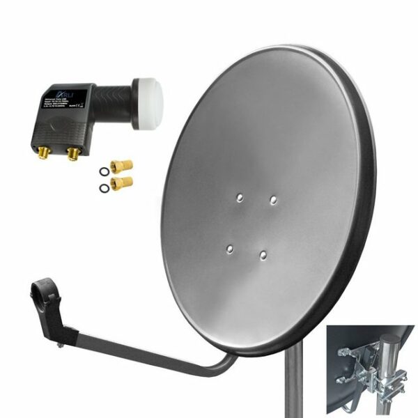 ARLI 60cm HD Sat Anlage grau + Twin LNB + 2x F-Stecker vergoldet Set 10787 SAT-Antenne (60 cm, Stahl)