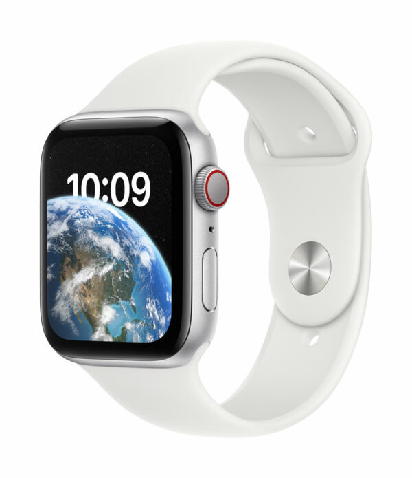 Apple Watch SE (GPS + Cellular) - 44 mm - Aluminium, Silber - intelligente Uhr mit Sportband - Flouroelastomer - weiß - Bandgröße: regelmäßig - 32GB - Wi-Fi, LTE, Bluetooth - 4G - 32,9 g (MNQ23FD/A)